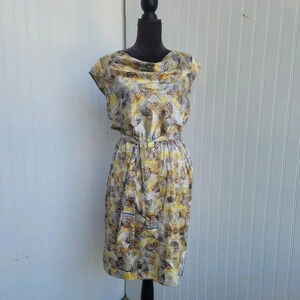 The Limited Fit &Flare Dress Women Yellow Multi Butterfly Print Satin Belted S